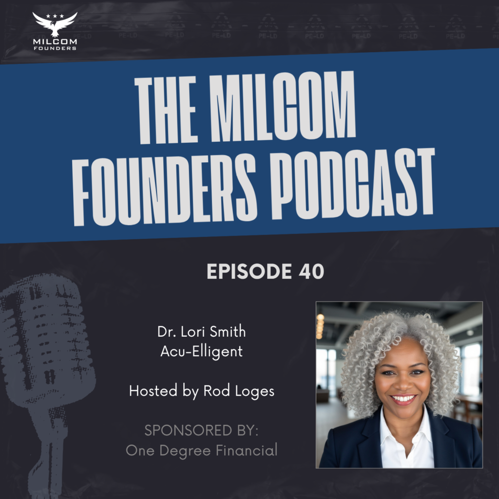 MilCom Founders Podcast Episode 40 promotional graphic featuring a headshot of Dr. Lori Smith of Acu-Elligent, hosted by Rod Loges, sponsored by One Degree Financial.