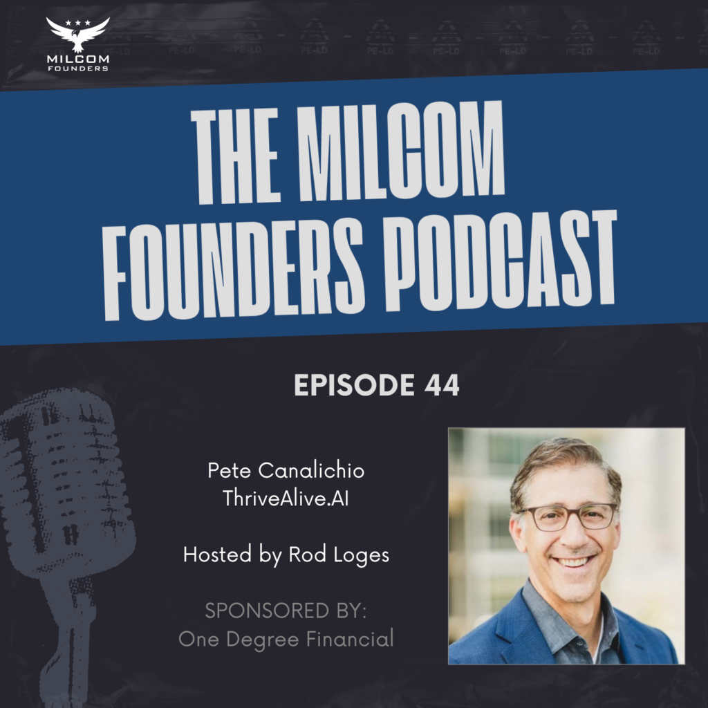 MilCom Founders Podcast Episode 44 promotional image featuring host Rod Loges and guest Pete Canalichio, co-founder of ThriveAlive.AI, Naval Academy graduate, and Navy aviator.