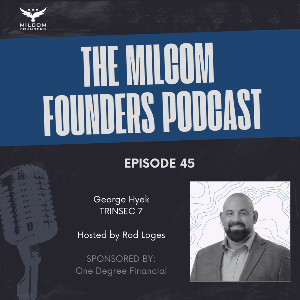 MilCom Founders Podcast Episode 45 promotional image featuring host Rod Loges and guest George Hyek, founder of TRINSEC 7, former U.S. Army intelligence officer and federal special agent.