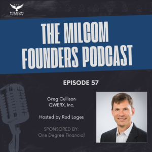 MilCom Founders Podcast Episode 57 promotional image featuring host Rod Loges and guest Greg Cullison, founder of QWERX, Inc., Navy Reserve intelligence officer, and Bronze Star recipient.