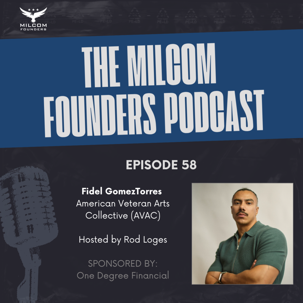 MilCom Founders Podcast Episode 58 promotional image featuring host Rod Loges and guest Fidel GomezTorres, founder and executive director of the American Veteran Arts Collective and Navy veteran who served as a Seabee.